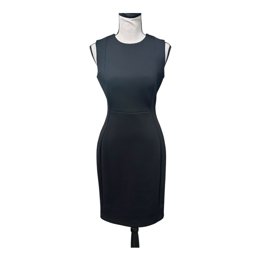 Calvin Klein Black Sheath Dress Size 4 Stretch Sleeveless Gold Back Zip - Picture 1 of 5
